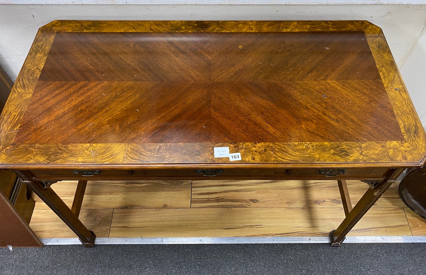 A George III style mahogany three drawer side table, width 120cm, depth 60cm, height 78cm